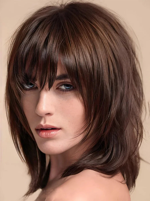 Middle Length Layered Shag Hairstyle Capless Dark Brown Synthetic Wigs