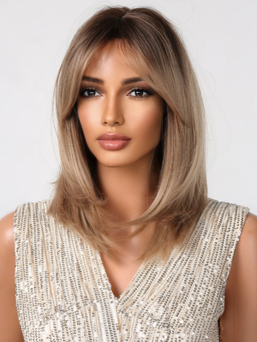 Ombre Light Brown Short Straight Layered Wigs with Bangs