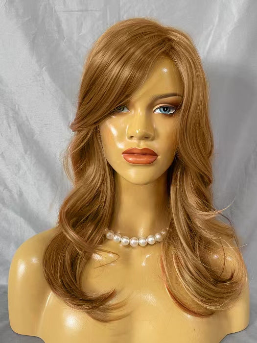 Long Length Wavy Golden Brown Synthetic Wigs With Side Bangs