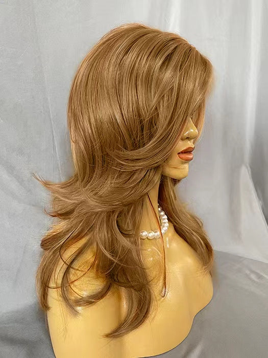 Long Length Wavy Golden Brown Synthetic Wigs With Side Bangs