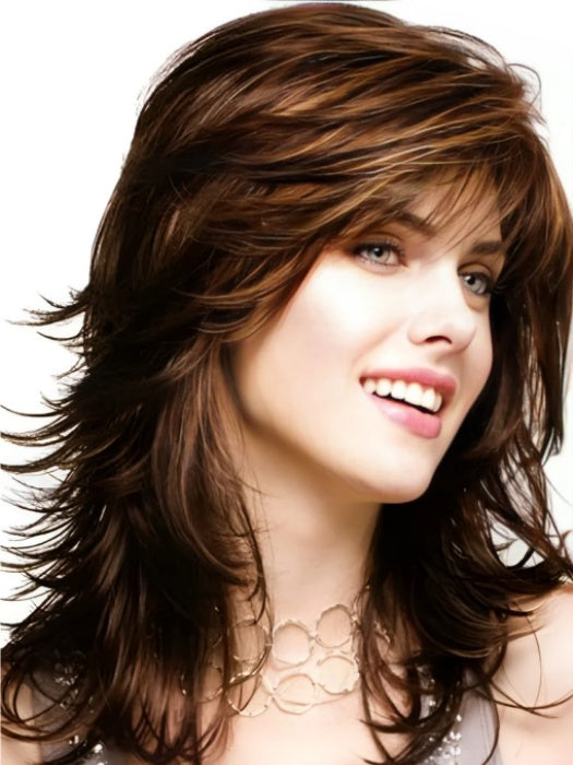 Long(16 Inches) Layered Wave Bangs Mixed Brown Synthetic Wigs(Buy 1 Get 1 Free)