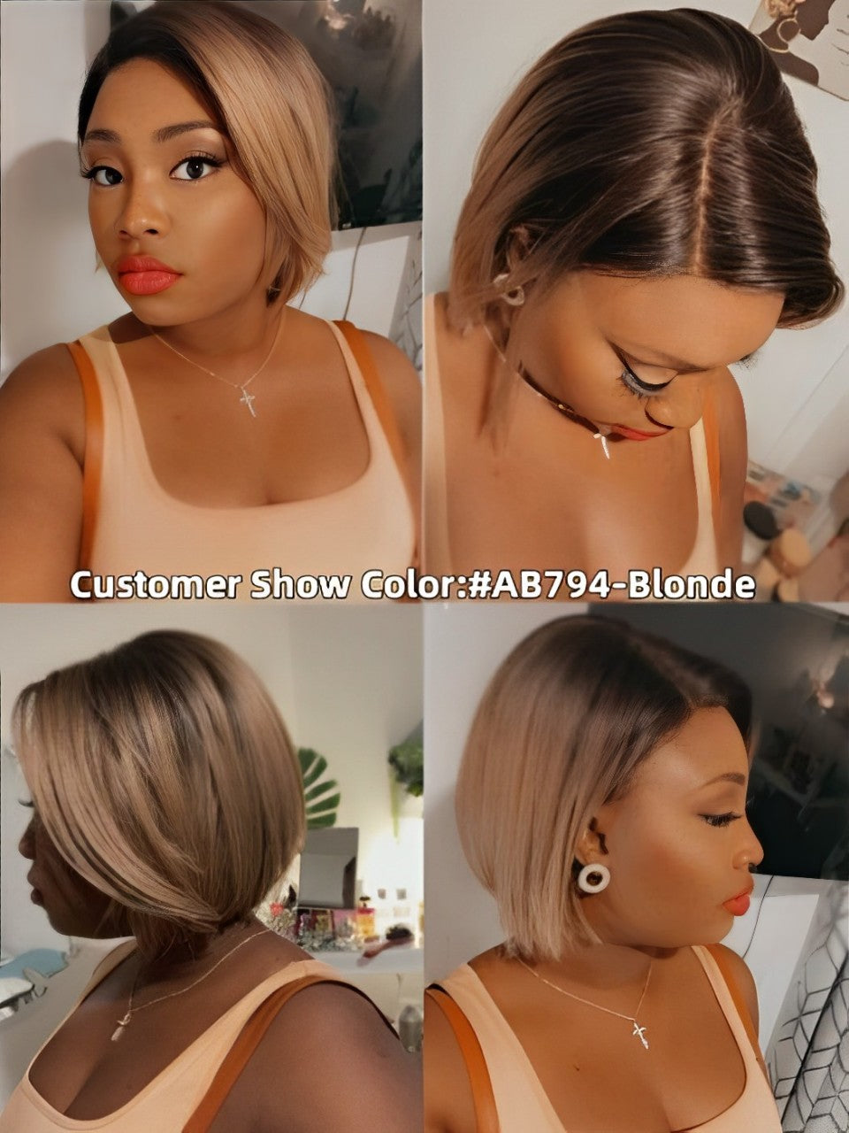 Short Bob Wig Ombre Rooted Synthetic Wigs( Lace Part )