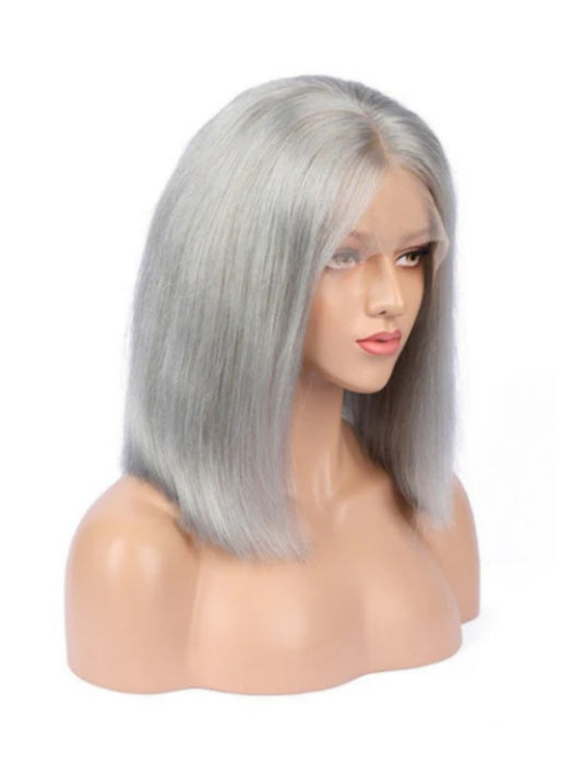 Smooth Silver White Bob Lace Front Human Hair Wigs