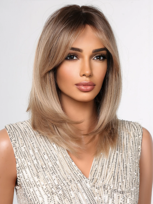 Ombre Light Brown Short Straight Layered Wigs with Bangs