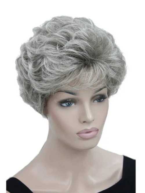 Fluffy Naturally Short Grey Curly Synthetic Wigs